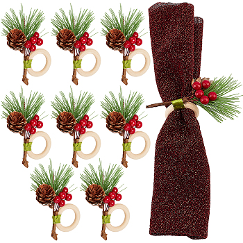 Christmas Theme Wooden Napkin Rings, PineCones with Plastic Findings, For Party Wedding Banquet Dinner Decoration, Red, 100x75x29mm