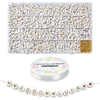 DIY Letter & Heart Acrylic & Plastic Stretch Bracelet Beaded Necklace Making Kit, Jewelry Set, Gold, 6.5~7x3.5~3.7mm, Hole: 1.2mm