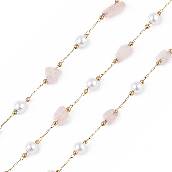 Natural Rose Quartz Nugget & Glass Imitation Pearl Beaded Chain, with Golden 304 Stainless Steel Satellite Chains, Unwelded, with Spool, 5~12x4~8x4~7mm, 6x5mm, 2.5x2mm, about 32.81 Feet(10m)/Roll