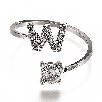 Alloy Cuff Rings, Open Rings, with Crystal Rhinestone, Platinum, Letter.W, US Size 7 1/4(17.5mm)