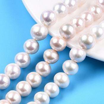 Natural Baroque Pearl Keshi Pearl Beads Strands, Cultured Freshwater Pearl, Round, Creamy White, 9.5~13x10.5~13mm, Hole: 0.8mm, about 31~33pcs/strand, 15.83 inch~16.06 inch(40.2~40.8cm)