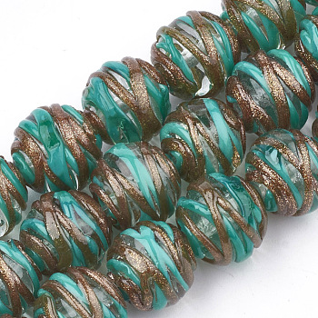 Handmade Gold Sand Lampwork Beads, Round, Dark Cyan, 13~14x13~14mm, Hole: 1~2mm