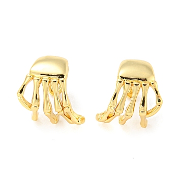 Rack Plating Brass Skeleton Hand Cuff Earrings for Women, Lead Free & Cadmium Free, Long-Lasting Plated, Real 18K Gold Plated, 12~12.5x12x12mm
