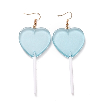 Transparent Heart-shape Lollipop Dangle Earrings for Women, Candy Color Simulation Food Drop Earrings, Golden, Sky Blue, 97~99mm, Pin: 0.5mm