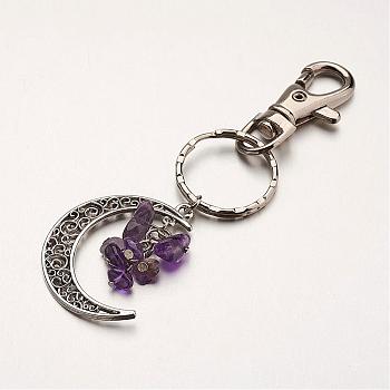 Natural Amethyst Pendant Keychain, with Alloy Pendants, Iron Rings and Alloy Keychain Findings, Moon, 100mm