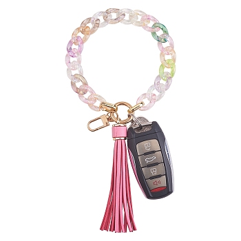Chain Link Wristlet Keychain, Acrylic Bracelet Tassel Keychain, with Alloy Findings, Pink, 28cm