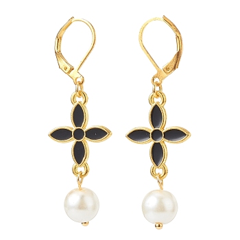 Alloy Enamel Clover with Glass Pearl Long Dangle Leverback Earrings, Gold Plated Brass Jewelry for Women, Black, 49mm, Pin: 0.8mm