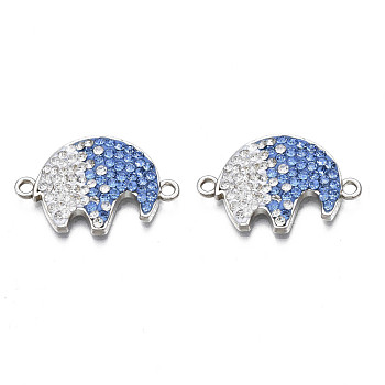 Rack Plating Alloy Links Connectors, with Polymer Clay Rhinestone, Cadmium Free & Lead Free, Platinum Plated, Elephant, Light Sapphire, 25x16.5x3.5mm, Hole: 1.6mm