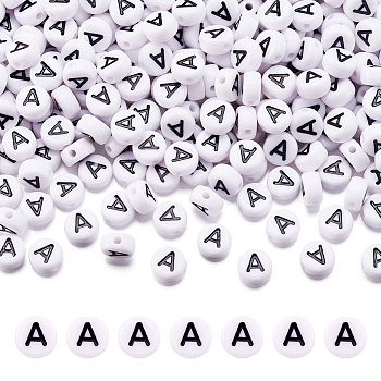 500Pcs Acrylic Horizontal Hole Letter Beads, Flat Round, Letter.A, 7x4mm, Hole: 1mm, 500pcs