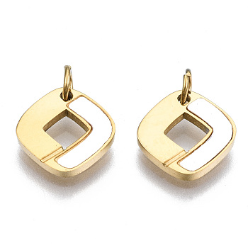 304 Stainless Steel Charms, with Shell and Jump Rings, Rhombus, Real 14K Gold Plated, 9.5x10x1.5mm, Jump Ring: 3.8x0.6mm, 2.6mm inner diameter, Side Length: 8.5mm, Diagonal Length: 9.5mm