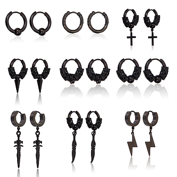 ANATTASOUL 18Pcs 9 Style 304 Stainless Steel Cone & Column Beaded Hoop Earrings, Sword & Cross & Lighning Bolt Drop Earrings for Men Women, Electrophoresis Black, 17~48x2~6mm, Pin: 0.8~1mm, 2Pcs/style