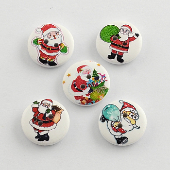 2-Hole Christmas Santa Claus Printed Wooden Buttons, Flat Round, Mixed Color, 20x5mm, Hole: 2mm
