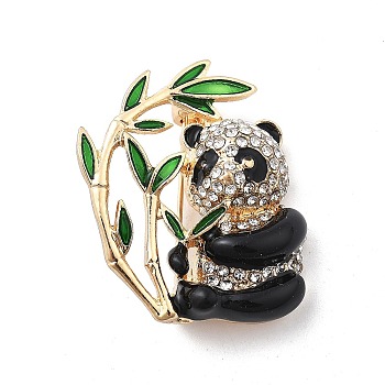 Cute Panda Bamboo Alloy Black Enamel Pin Brooches, with Crystal Rhinestone, Golden, 35x27mm