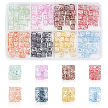 Elite 160Pcs 8 Colors Crackle Glass Beads, Dyed & Heated, Square, Mixed Color, 6x6x6mm, Hole: 1.4mm, 20pcs/color