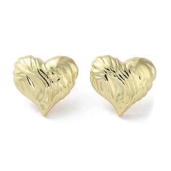 Rack Plating Brass Textured Heart Stud Earrings, Lead Free & Cadmium Free, Real 18K Gold Plated, 20x22mm