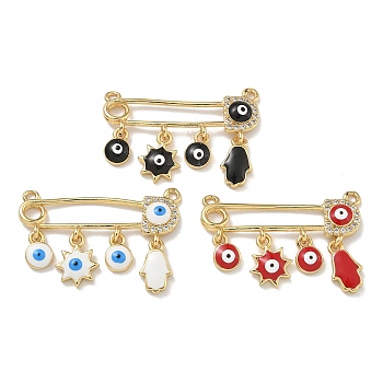 Rack Plating Brass Micro Pave Clear Cubic Zirconia with Enamel Connector Charms, Long-Lasting Plated, Lead Free & Cadmium Free, Real 18K Gold Plated, Sun & Hamsa Hand & Flat Round Brooch, Mixed Color, 20x30x3mm, Hole: 1.4mm