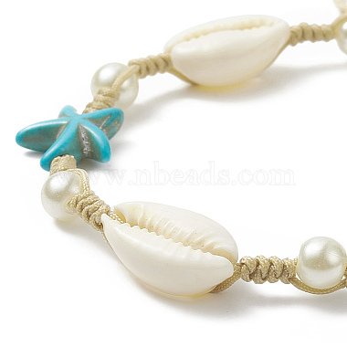 Synthetic Turquoise(Dyed) Starfish & Natural Shell & Glass Pearl Braided Bead Bracelet(X-BJEW-TA00218)-3