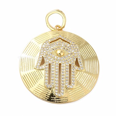 Real 18K Gold Plated Clear Flat Round Brass+Cubic Zirconia Pendants