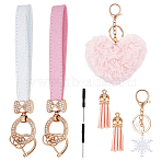 1Pc Plush Heart Polyester Keychains, 2Sets PU Leather Bag Straps, 2Pcs Faux Suede Tassel Pendant Decorations, 1Pc Snowflake Acrylic with Glass Pearl Bead Pendant Keychains, Golden, Mixed Color, 139mm(AJEW-NB0008-80)