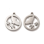 304 Stainless Steel Charms, Flat Round with Bird and Flower, Stainless Steel Color, 15x13x1.4mm, Hole: 1.4mm(STAS-M089-44P)