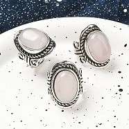 Natural Rose Quartz Adjustable Rings, Lead Free & Cadmium Free, Antique Silver Plated Brass Finger Rings for Women, Oval, 27mm, Inner Diameter: 17mm(RJEW-I108-01AS-13)