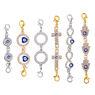 2 Sets 2 Colors  Zinc Alloy Crystal Rhinestone Double Lobster Claw Clasps, Ring & Flat Round & Infinity Blue Evil Eye Lobster Claw Clasps, Mixed Color, 60~71mm, 1 set/color(FIND-FH0007-63)