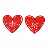Christmas Theme Spray Painted Wood Pendants, Single-Sided Printed, Heart with Snowflake, Red, 48x50x2.5mm, Hole: 2mm(WOOD-N005-56B)