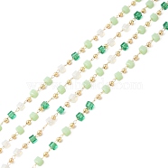 Faceted Cube Glass & Round Beaded Chains, with Light Gold Brass Findings, Soldered, Pale Green, 3.5x3.5x3.5mm, 2x2mm(CHC-G018-03KCG-01)