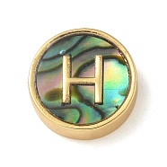 Brass Beads, with Resin Imitation Paua Shell, Flat Round, Real 14K Gold Plated, Letter H, 13.5x4mm, Hole: 1.6mm(KK-U046-17G-H)