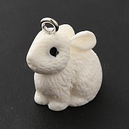 Opaque Resin Pendants, 3D, Rabbit Charm, with Platinum Tone Iron Loops, White, 21x12.5x22mm, Hole: 2mm(RESI-H143-01D)