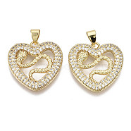 Brass Micro Pave Clear Cubic Zirconia Pendants, with Brass Snap on Bails, Nickel Free, Heart with Snake, Real 16K Gold Plated, 21x21.5x3mm, Hole: 5x3mm(ZIRC-N039-062-NF)