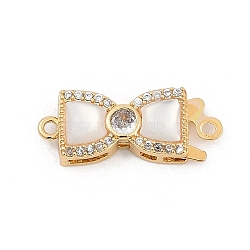 Brass Micro Pave Clear Cubic Zirconia Box Clasps, with Natural Shell, 1-Strand, 2-Hole, Real 14K Gold Plated, Bowknot, 8x20x4.5mm, Hole: 1.2mm(KK-U051-01G-07)