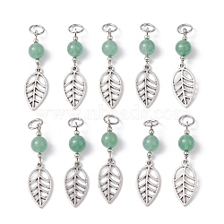 Leaf Tibetan Style Alloy Pendants, with Natural Green Aventurine Beads and 304 Stainless Steel Jump Rings, Antique Silver, 46x12mm, Hole: 6mm, 15pcs/set(PALLOY-JF02216)
