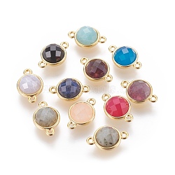 Natural Gemstone Links connectors, with Brass Findings, Faceted, Flat Round, Golden, 15.5x10x6mm, Hole: 1.4mm(G-L513-03)