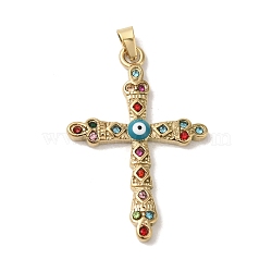 Brass Micro Pave Cubic Zirconia Pendants, with Enamel, Real 18K Gold Plated, Cross with Evil Eye
, Colorful, 40x26.5x4mm, Hole: 4x2.5mm(KK-C058-10G)