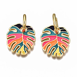 Brass Enamel Huggie Hoop Earrings, Nickel Free, Tropical Leaf, Real 16K Gold Plated, Colorful, 30x20mm, Pin: 1mm(EJEW-Q018-001B-NF)