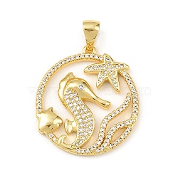 Ocean Brass Micro Pave Cubic Zirconia Pendants, Sea Horse, Golden, 28x25x3.5mm, Hole: 5x3.5mm(KK-K411-04B-G)