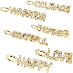 Brass Micro Pave Clear Cubic Zirconia Pendants, with Word, Clear, Golden, 6.8x5.2x1.1cm, 6pcs/box(ZIRC-NB0001-19G)