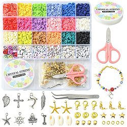 DIY Heishi Surfer Bracelet Making Kit, Including Smile Face Acrylic & Plastic Star & Polymer Clay Disc & Natural Shell Beads, Cross & Leaf & Clover & Helm Alloy & Iron Pendants, Scissors, Tweezers, Mixed Color(DIY-YW0007-43)