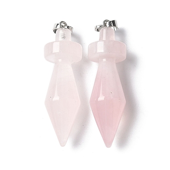 Natural Rose Quartz Pendants, Bicone Charms, with Brass Findings, Platinum, 48.8~50x14mm, Hole: 6.5x4.5mm