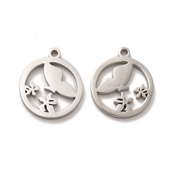 304 Stainless Steel Charms, Flat Round with Bird and Flower, Stainless Steel Color, 15x13x1.4mm, Hole: 1.4mm