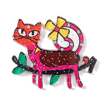 Cat Theme Acrylic Pendants, Deep Pink, 38.5x44.5x2.5mm, Hole: 1.6mm