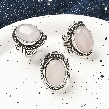 Natural Rose Quartz Adjustable Rings, Lead Free & Cadmium Free, Antique Silver Plated Brass Finger Rings for Women, Oval, 27mm, Inner Diameter: 17mm