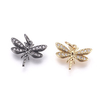Brass Micro Pave Cubic Zirconia Pendants, Lead Free & Cadmium Free, Dragonfly, Mixed Color, 12x15.5x2mm, Hole: 3mm