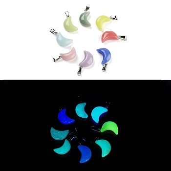 Synthetic Luminous Stone Pendants, Glow in the Dark Moon Charms with Stainless Steel Color Tone Stainless Steel Snap on Bails, Mixed Color, 22.5x14.5x8mm, Hole: 7x3.5mm