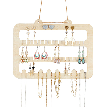 4-Tier Wooden Wall Mounted Earring Display Rack, Jewelry Oganizer Hanging Holder for Earring Ring Necklace Bracelet Storage, with Jute Twine, BurlyWood, 20.5x28x0.25cm, Hole: 5mm and 2.7mm