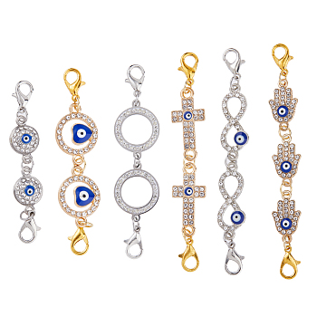2 Sets 2 Colors  Zinc Alloy Crystal Rhinestone Double Lobster Claw Clasps, Ring & Flat Round & Infinity Blue Evil Eye Lobster Claw Clasps, Mixed Color, 60~71mm, 1 set/color