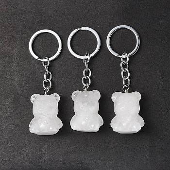 Natural Quartz Crystal Pendant Keychains, with Iron Keychain Clasps, Bear, 8cm
