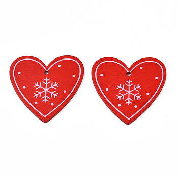 Christmas Theme Spray Painted Wood Pendants, Single-Sided Printed, Heart with Snowflake, Red, 48x50x2.5mm, Hole: 2mm