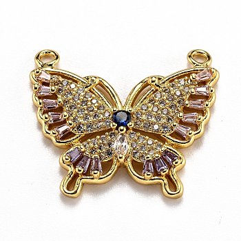 Brass Micro Pave Clear Cubic Zirconia Pendants, Long-Lasting Plated, Butterfly, Real 18K Gold Plated, 21x25x2.5mm, Hole: 1.6mm